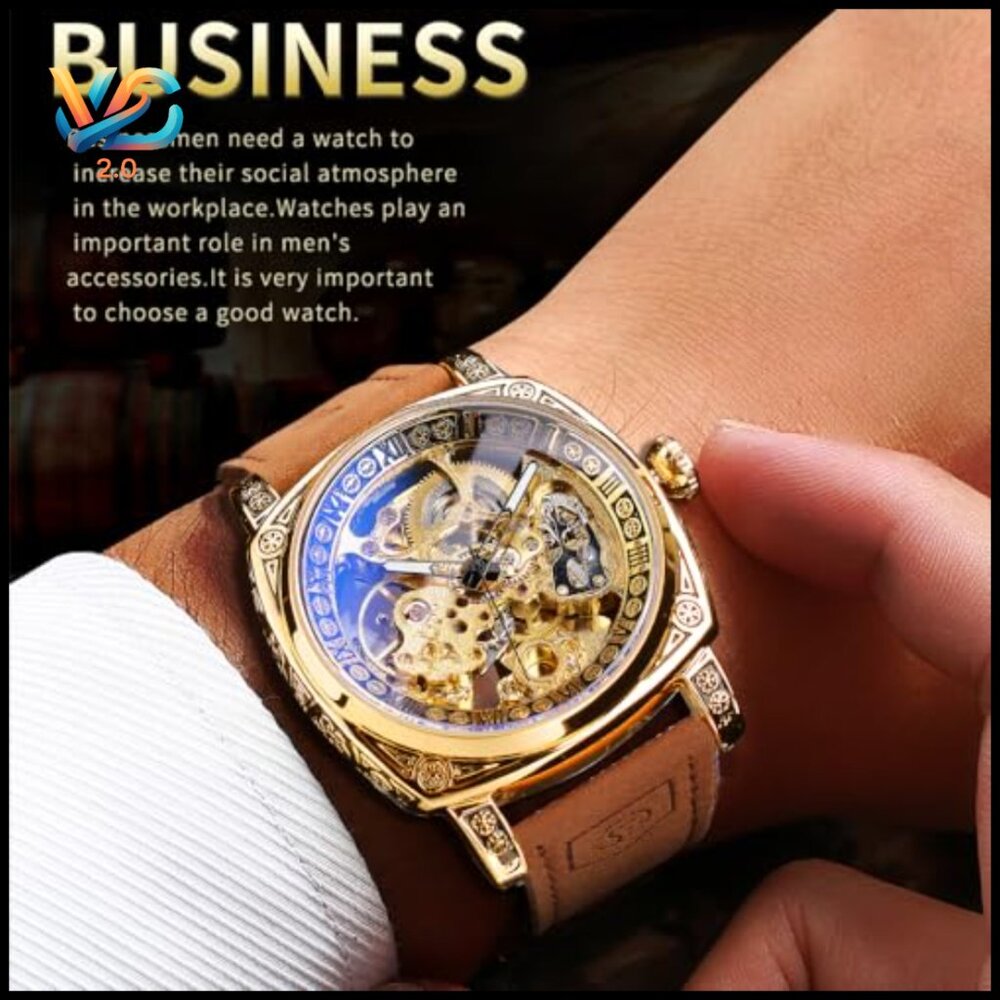 Men's Square Skeleton Automatic Watch, Genuine Le… - image 3